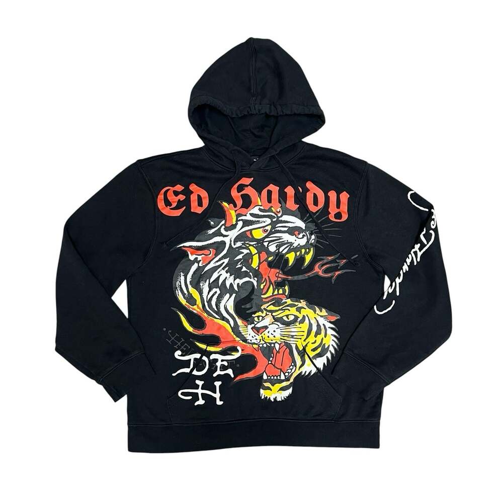 Ed Hardy Y2K Tiger Dragon Hoodie Mens M Black DEH Tattoo Graphic